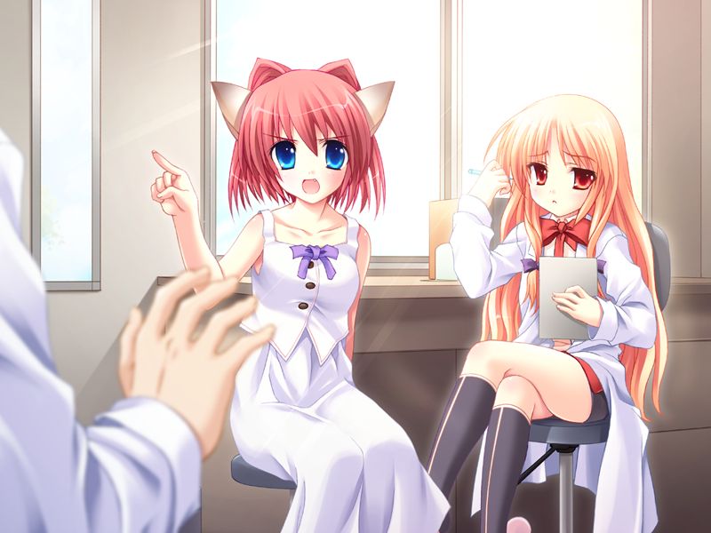 2girls, 800x600, animal_ears, blonde_hair, blue_eyes, bow, cat_ears, chair, crossed_legs, dr._crane, dr_crane, dress, fang, faye_mcclintock, game_cg, inuzumi_masaki, kneehighs, long_hair, miniskirt, natsume_eri, nekokawaigari, open_mouth, pink_hair, red_eyes, short_hair, sitting, skirt, socks, sunlight, wallpaper, window