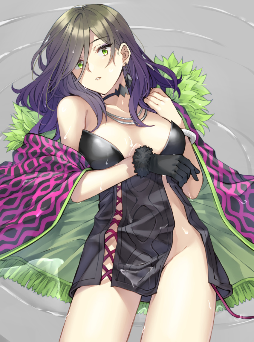 1girl, bangs, bare_shoulders, black_choker, black_dress, black_gloves, black_hair, blush