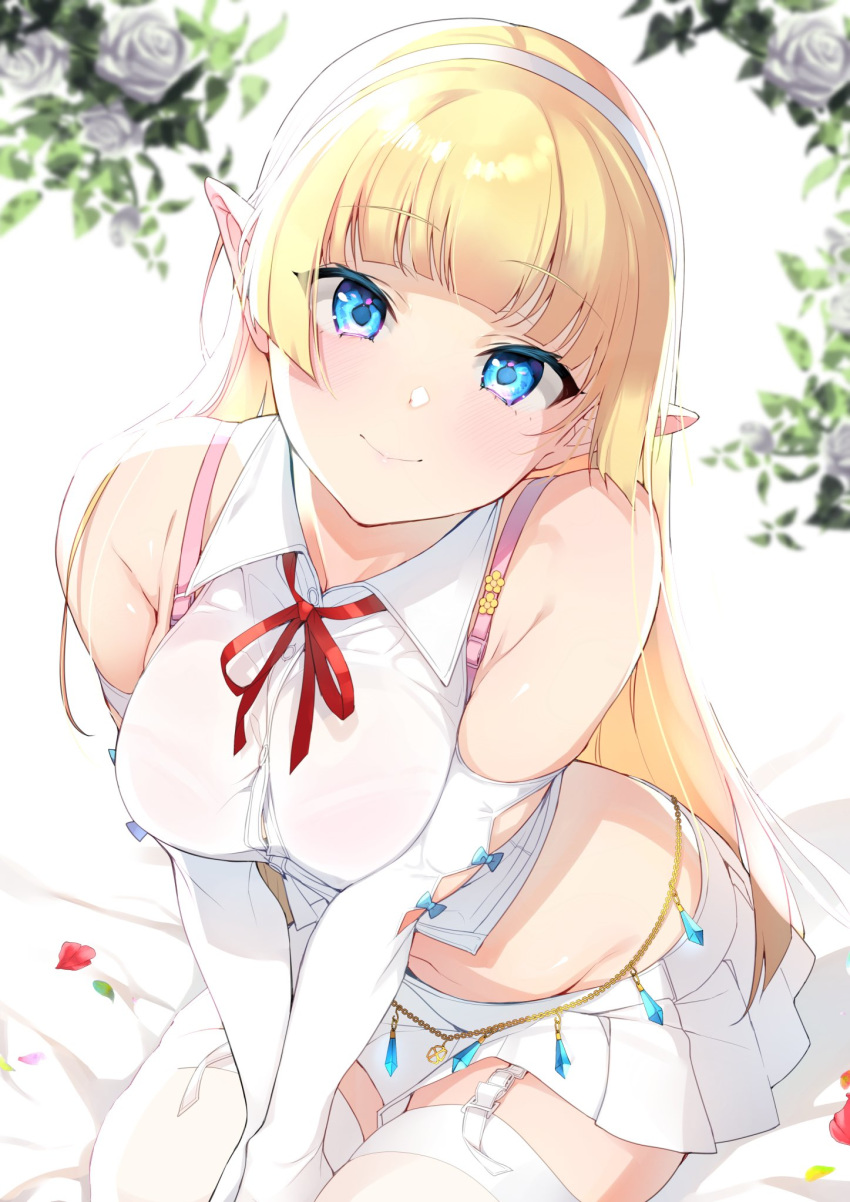 1girl, bangs, bare_shoulders, blonde_hair, blue_eyes, blush, breasts, collared_shirt