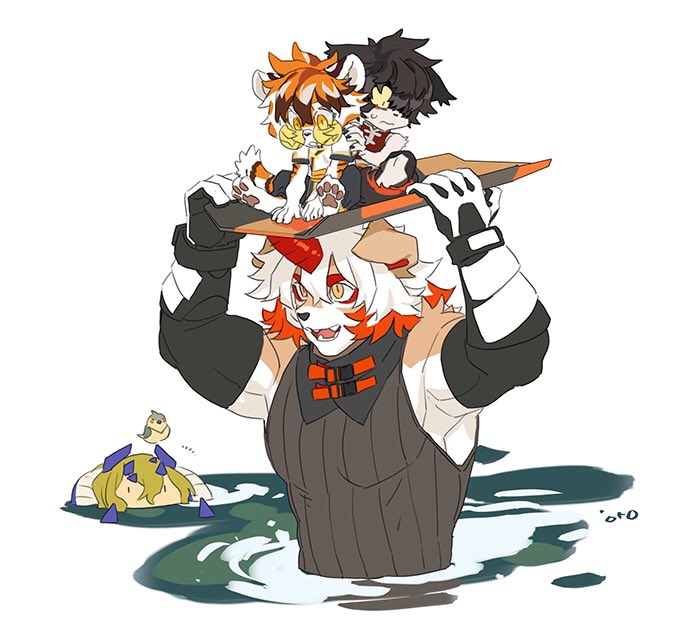 2boys, 2girls, aak_(arknights), animal_ears, arknights, bangs, bird, black_hair