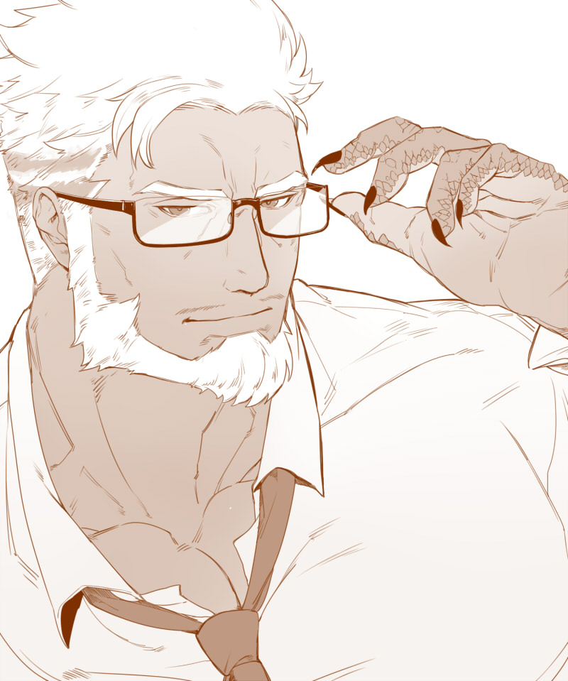 1boy, adjusting_eyewear, aegir_(tokyo_houkago_summoners), alternate_costume, bara, beard, chest, close-up