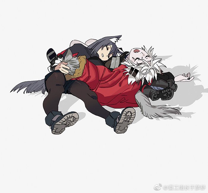 animal_ear_fluff, animal_ears, arknights, bangs, black_hair, boots, closed_eyes, fur-trimmed_hood