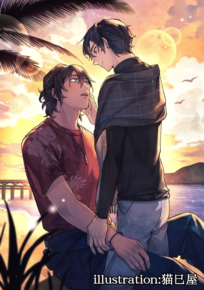 2boys, artist_name, bird, black_eyes, black_shirt, blue_eyes, bridge, brown_hair
