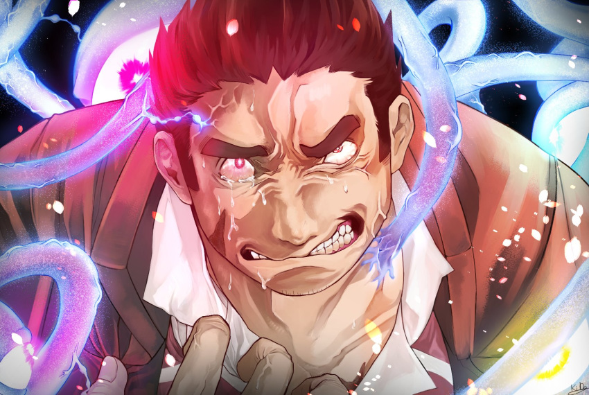 1boy, anger_vein, angry, beard, berserker_rage, chest, close-up, facial_hair