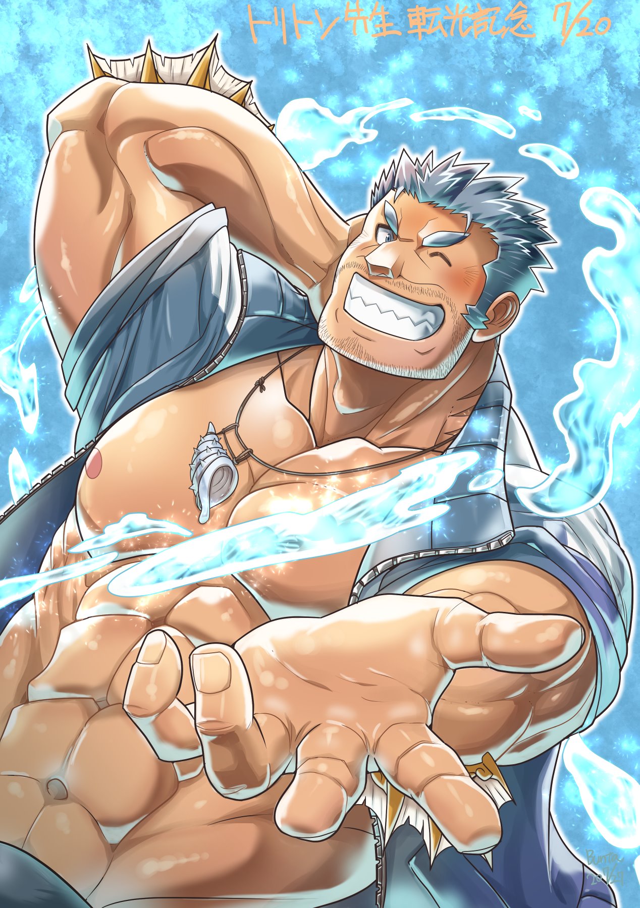 1boy, abs, bara, beard, blue_eyes, blue_hair, blush, bunta_ru