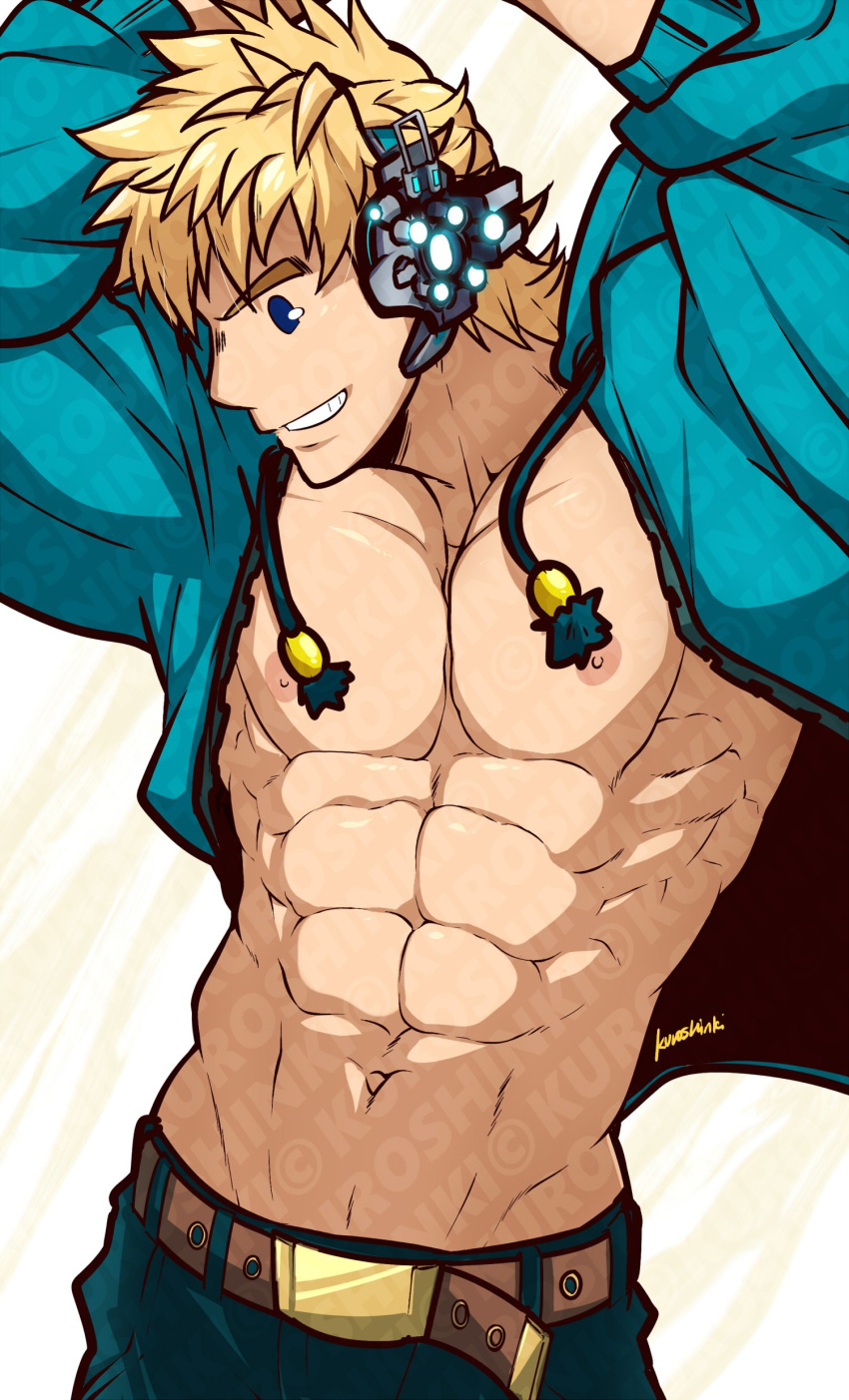1boy, abs, absurdres, alternate_costume, alternate_hairstyle, arms_up, artofkuroshinki, bara