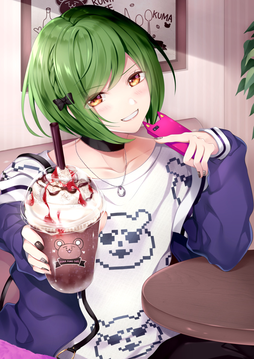1boy, a3!, absurdres, black_bow, black_nails, bow, brown_eyes, choker, coffee, collarbone, cup, dopikasu-chan, drinking_straw, eyebrows_visible_through_hair, green_hair, grin, hair_bow, highres, holding, holding_cup, holding_phone, jewelry, looking_at_viewer, necklace, off-shoulder_jacket, phone, smile, solo