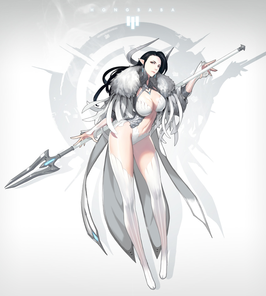 1girl, absurdres, black_hair, boots, breasts, elf, full_body, fur_collar