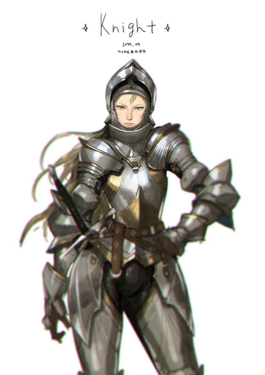 1girl, absurdres, armor, belt, blonde_hair, contrapposto, cowter, helmet