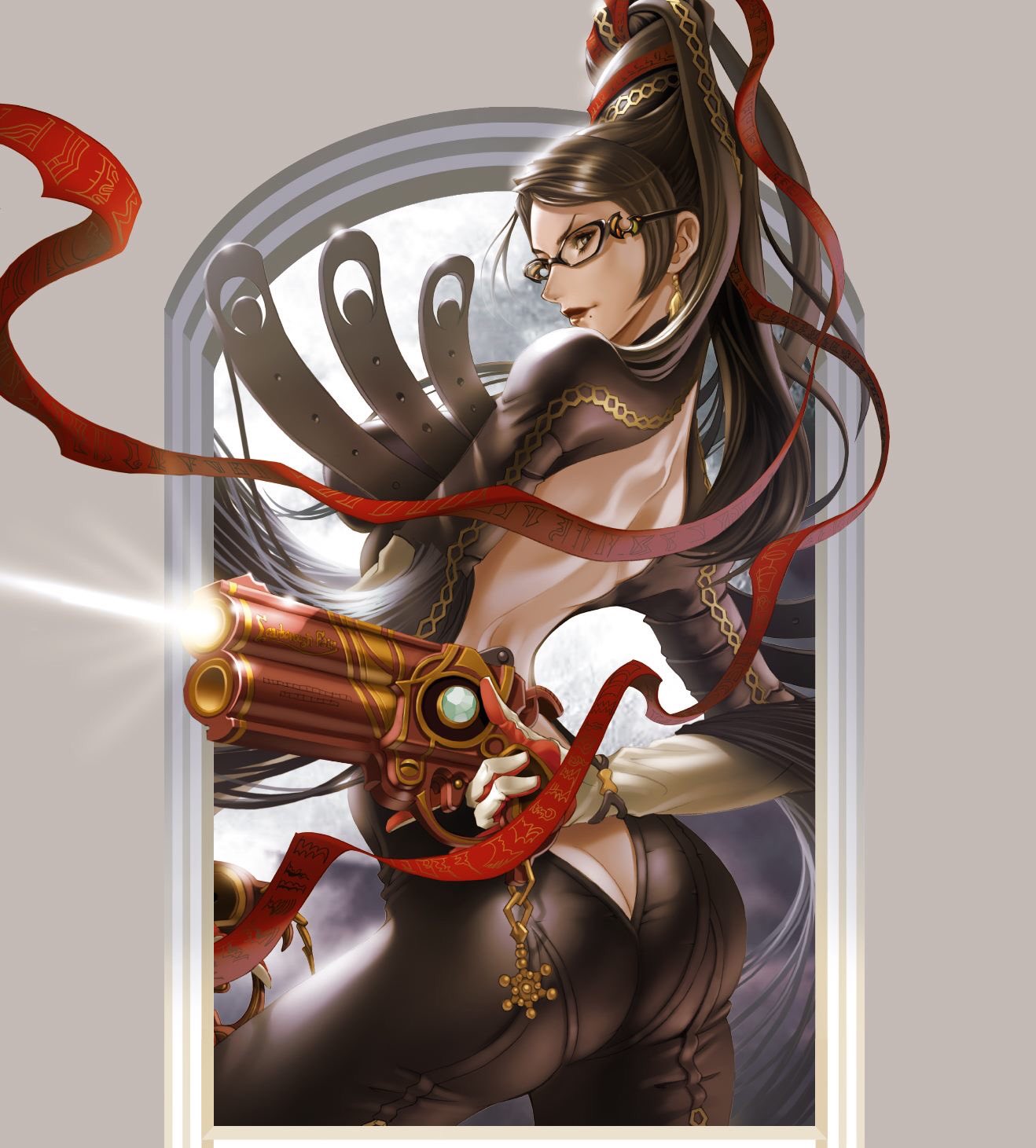 1girl, ass, back, bayonetta, bayonetta_(character), blue_eyes, butt_crack, firing, from_behind, glasses, gun, highres, holding, holding_gun, holding_weapon, honeybonesmaeda, long_hair, looking_back, mole, mole_under_mouth, solo, very_long_hair, weapon, witch