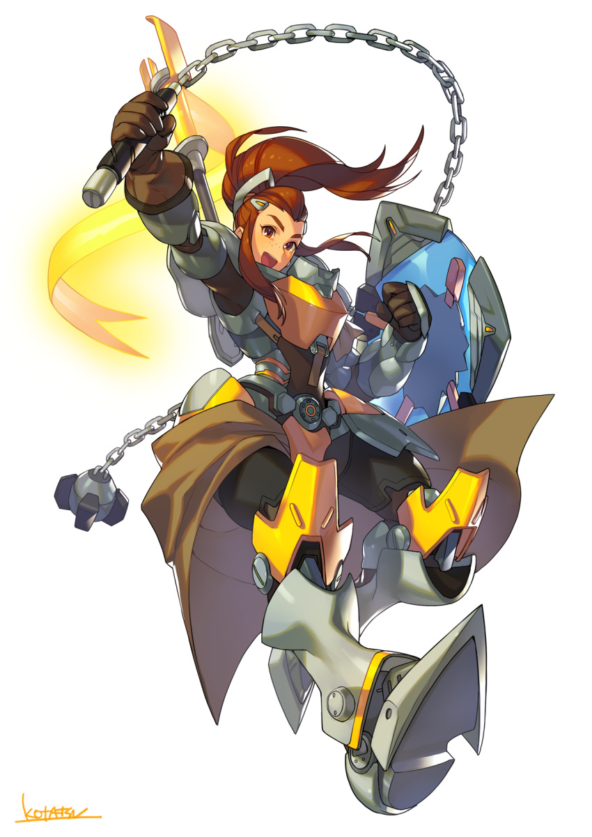 1girl, :d, arm_shield, armor, ball_and_chain, boots, breastplate, brigitte_(overwatch)