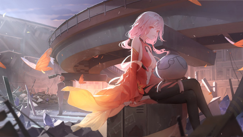 1boy, 1girl, breasts, brown_hair, detached_sleeves, echosdoodle, guilty_crown, highres