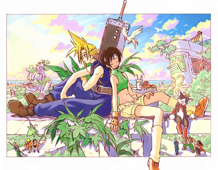 birds, brown_hair, burger, buster_sword, cait_sith, cape, cid_highwind, closed_eyes