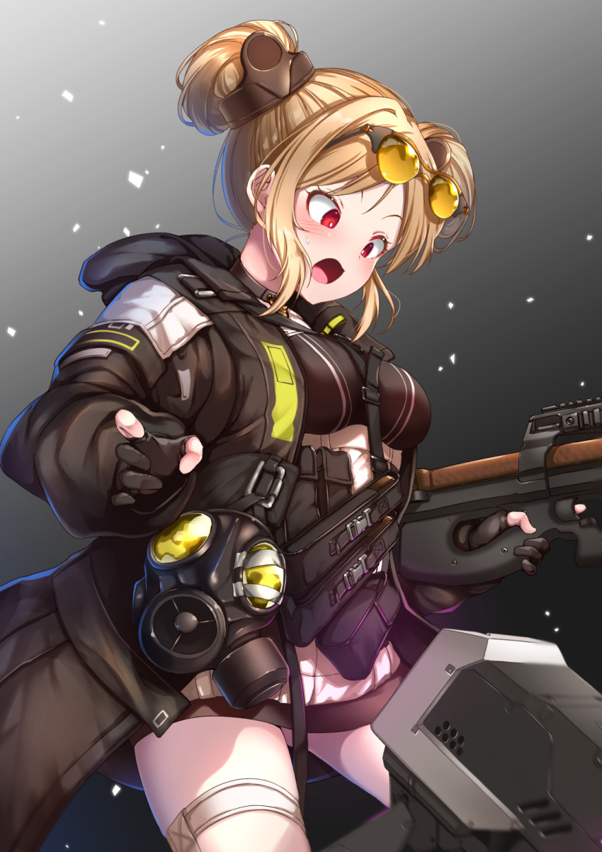 1girl, black_background, black_gloves, black_jacket, black_shirt, blush, breasts, brown-framed_eyewear