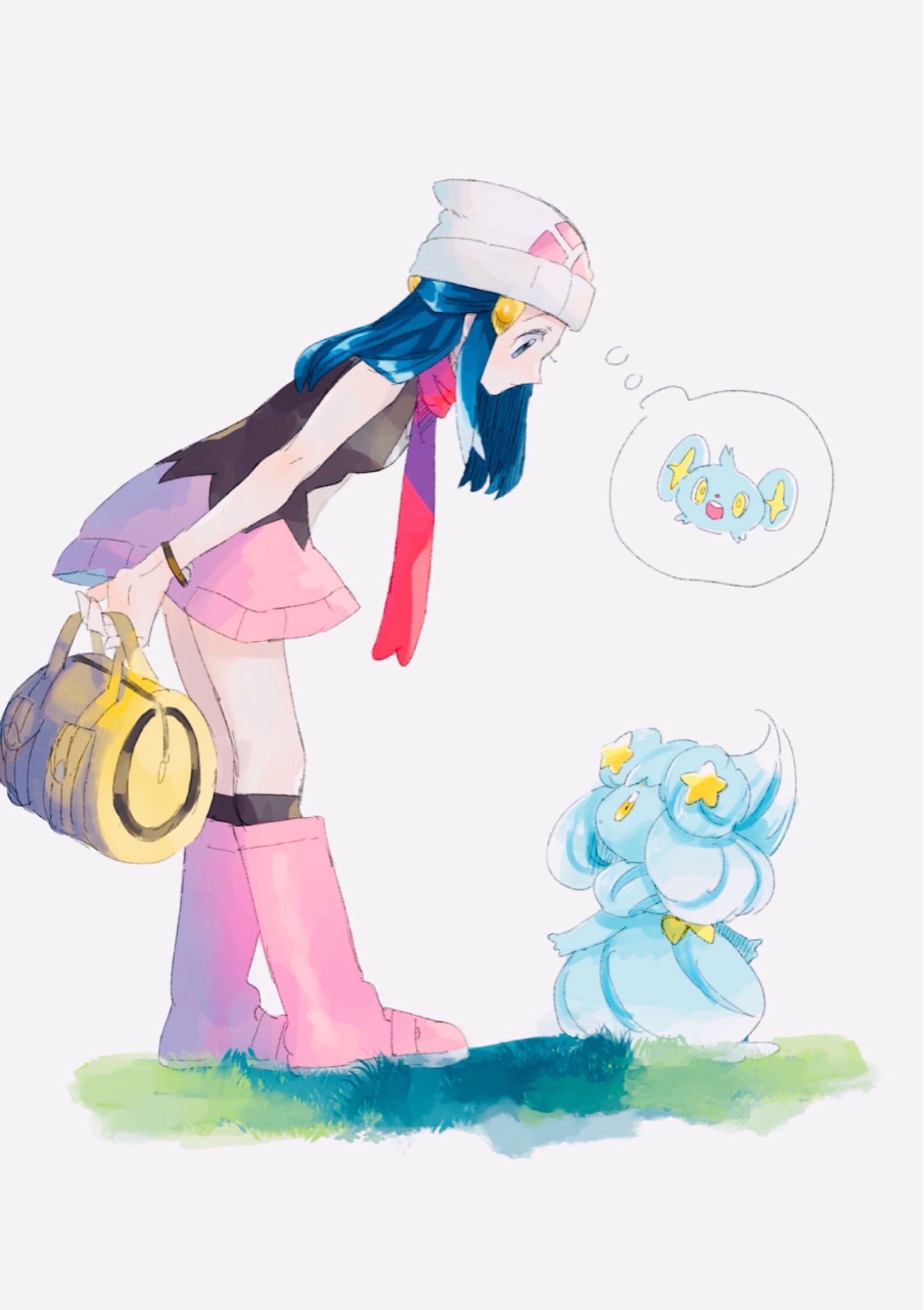 1girl, alcremie, alcremie_(mint_cream), bag, beanie, black_legwear, blue_hair, boots, bracelet, breasts, commentary_request, duffel_bag, gen_4_pokemon, gen_8_pokemon, grass, hair_ornament, hat, highres, hikari_(pokemon), holding, jewelry, leaning_forward, long_hair, looking_down, mu_acrt, pink_footwear, pokemon, pokemon_(creature), pokemon_(game), pokemon_dppt, red_scarf, scarf, shinx, sidelocks, socks, standing, thought_bubble, white_headwear