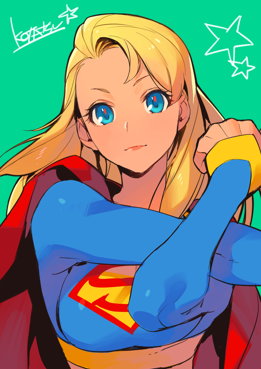 1girl, blonde_hair, blue_bodysuit, blue_eyes, bodysuit, cape, closed_mouth, cross-body_stretch