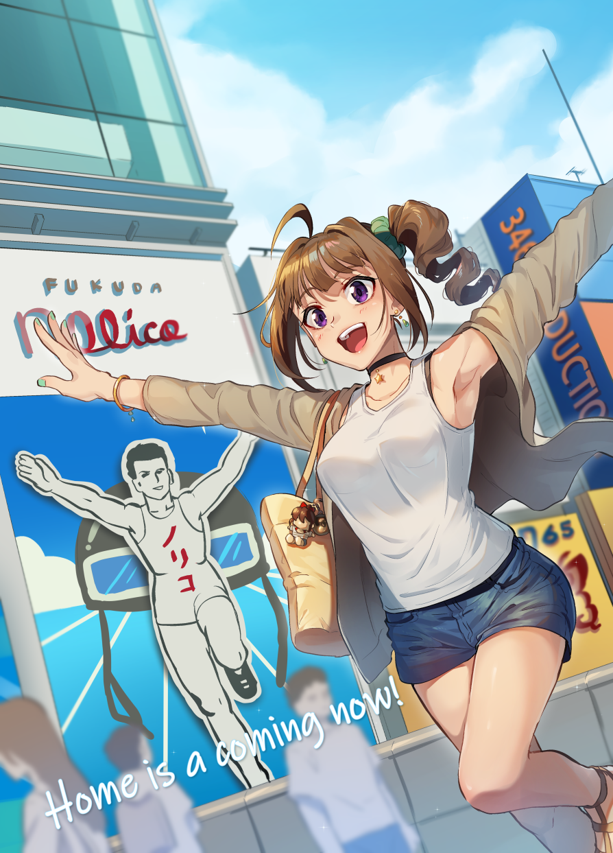 1girl, :d, ahoge, armpits, arms_up, bag, bag_charm, bangs