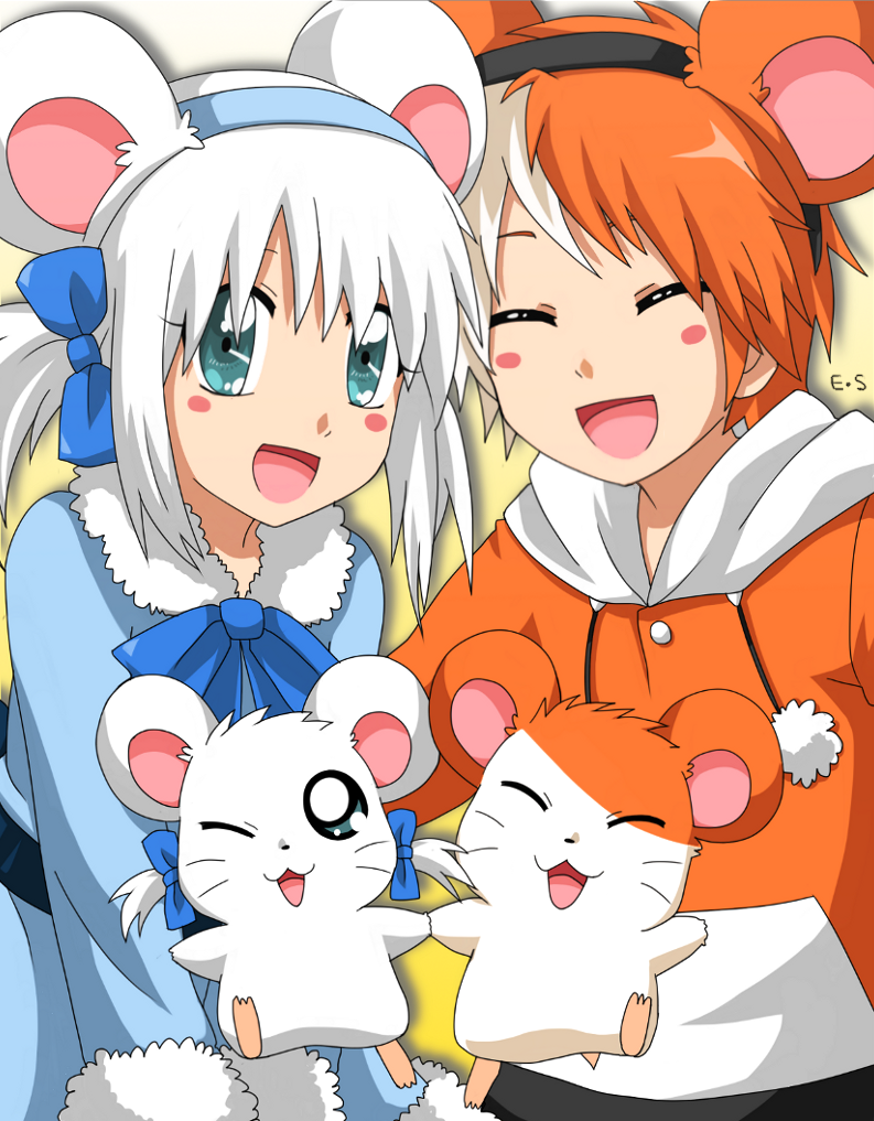 1boy, 1girl, 2others, animal, animal_ears, artist_name, bijou, blue_eyes, blush, blush_stickers, coat, couple, cute, endless-rainfall, female, gijinka, hamster, hamster_ears, hamtaro, hamtaro_(hamtaro), holding_hands, hoodie, looking_at_viewer, male, mammal, open_mouth, orange_hair, personification, ribbon, rodent, shogakukan, smile, tms_entertainment, twintails, white_hair, wink