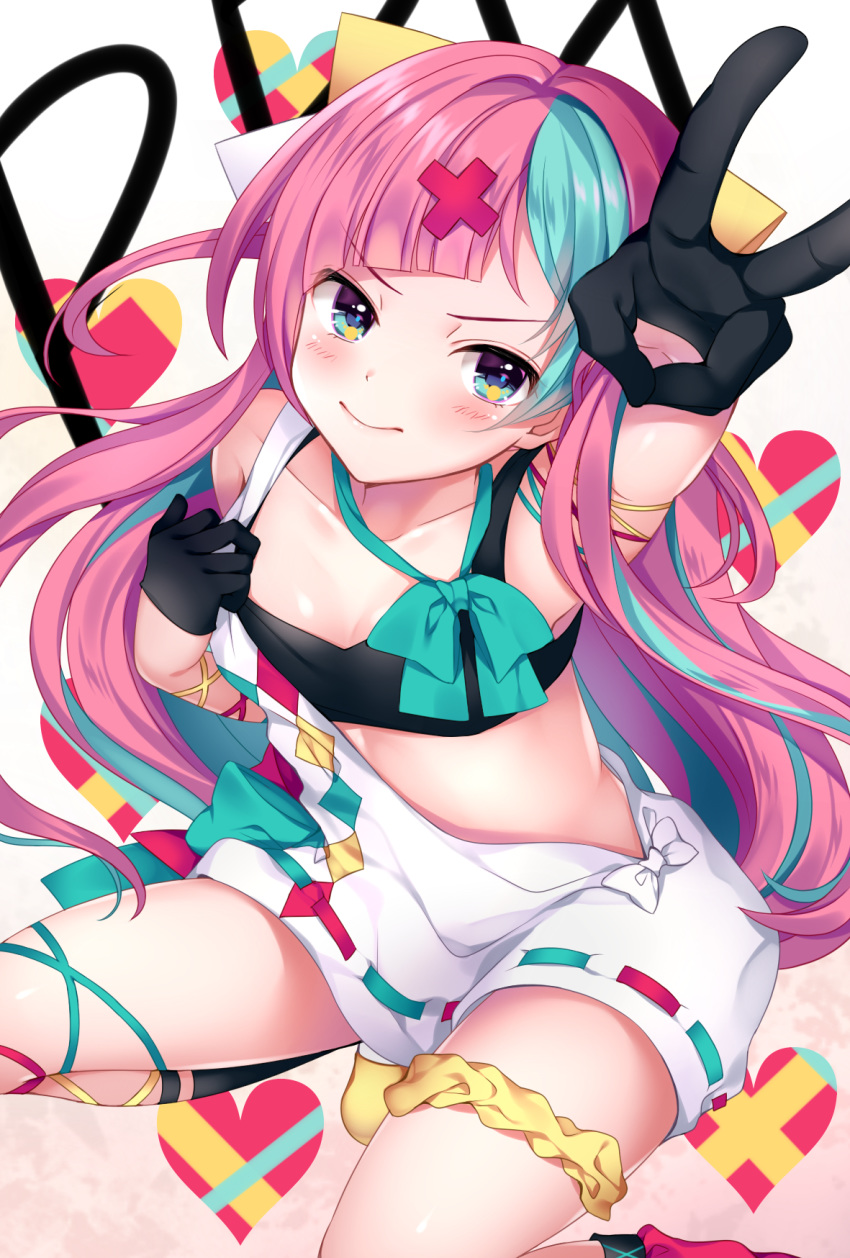 1girl, black_bra, black_gloves, blue_eyes, blue_hair, blue_neckwear, blush, bow