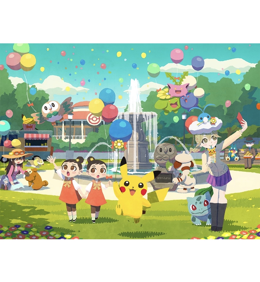 1boy, 4girls, balloon, bidoof, bulbasaur, clouds, commentary_request, cup