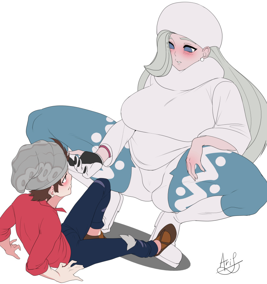 1boy, 1girl, ari_(ariel_lopez550), beanie, blue_eyes, blush, breasts, brown_footwear, brown_hair, denim, earrings, fur_hat, gloves, gym_leader, hat, highres, huge_breasts, jeans, jewelry, long_hair, masaru_(pokemon), mature, melon_(pokemon), pants, pantyhose, partly_fingerless_gloves, plump, pokemon, pokemon_(game), pokemon_swsh, red_shirt, shirt, simple_background, sleeves_rolled_up, sweater, thighs, white_background