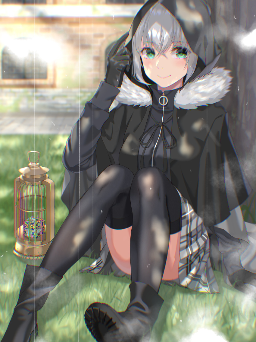 1girl, absurdres, add_(lord_el-melloi_ii), against_tree, black_footwear, black_gloves, boots, fate/grand_order
