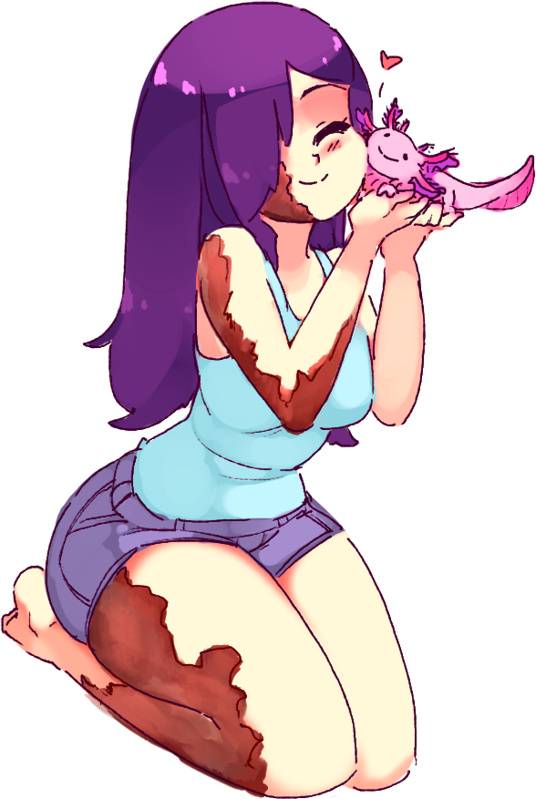 1girl, axolotl, bare_shoulders, barefoot, blue_shirt, blush_stickers, breasts, burn_scar