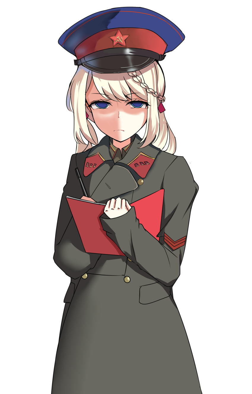 1girl, blonde_hair, blue_eyes, girls_frontline, hat, highres, jacket, long_hair, looking_at_viewer, military, military_hat, military_jacket, military_uniform, nkvd, pencil, pk-971, ppsh-41_(girls_frontline), serious, solo, soviet, textbook, uniform, white_background