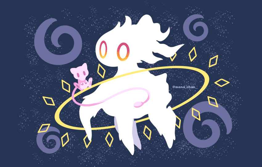 arceus, beta_pokemon, blue_background, commentary, diamond_(shape), english_commentary, floating, gen_1_pokemon, gen_4_pokemon, highres, mana-chan, mew, mythical_pokemon, no_humans, pokemon, pokemon_(creature), prototype, spiral, twitter_username