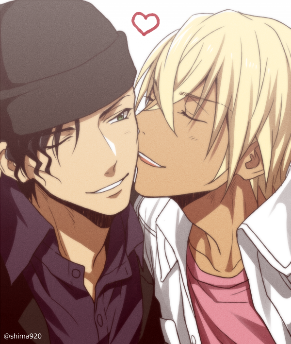 2boys, ;), akai_shuuichi, amuro_tooru, beanie, black_hair, black_headwear, black_jacket