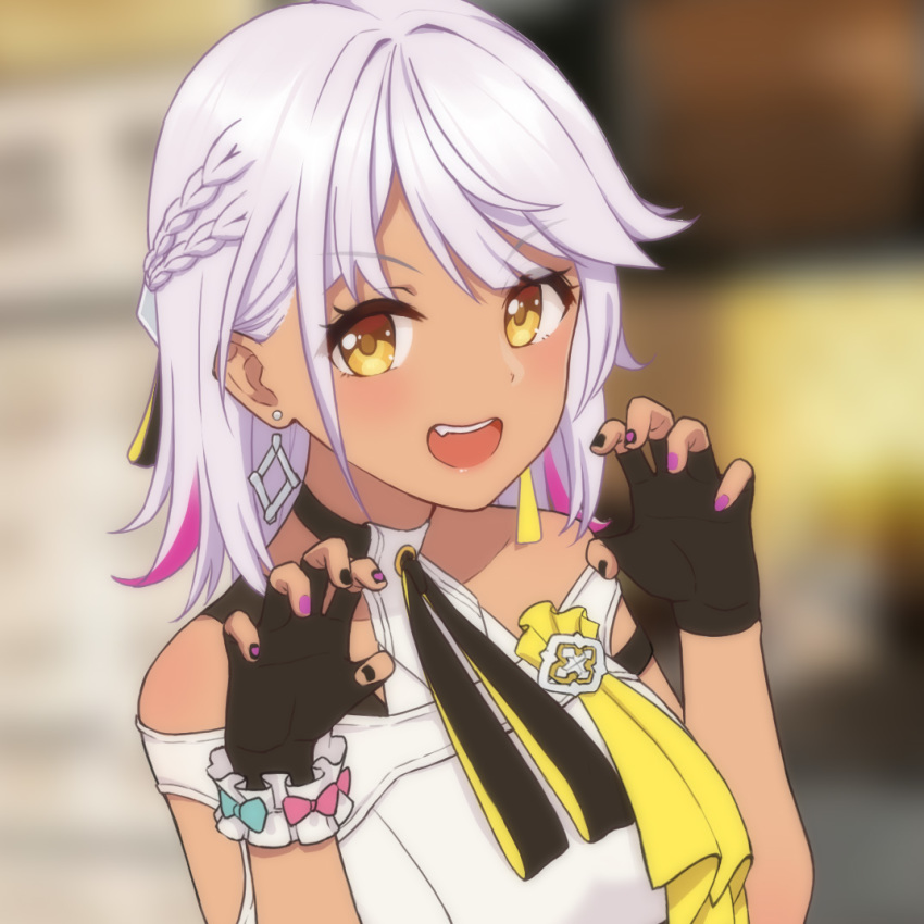 1girl, arm_cutout, blush, braid, carole_peppers, claw_pose, commentary_request, earrings