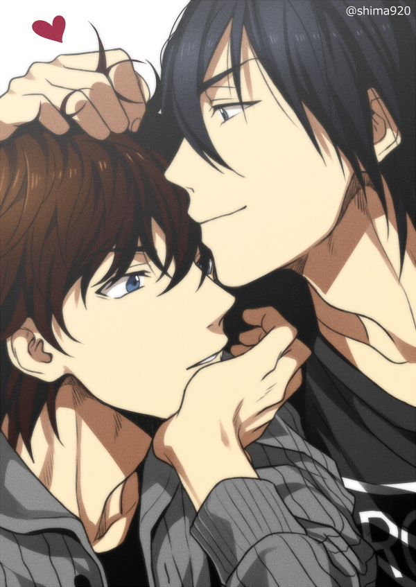 2boys, black_hair, black_shirt, blue_eyes, brown_hair, casual, chin_rest, commentary_request, couple, eyebrows_visible_through_hair, grey_hoodie, hagiwara_kenji, hair_between_eyes, hair_tousle, hand_in_hair, heart, hood, hoodie, looking_at_another, male_focus, mashima_shima, matsuda_jinpei, meitantei_conan, multiple_boys, open_clothes, open_hoodie, parted_lips, print_shirt, shirt, simple_background, smile, twitter_username, white_background, yaoi