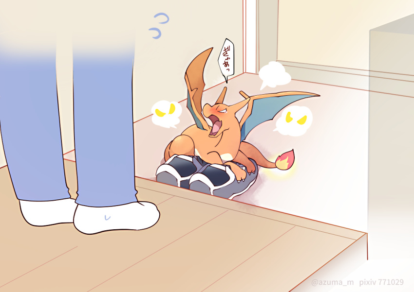 azuma_minatsu, charizard, commentary, fire, flame, flying_sweatdrops, foyer, frown
