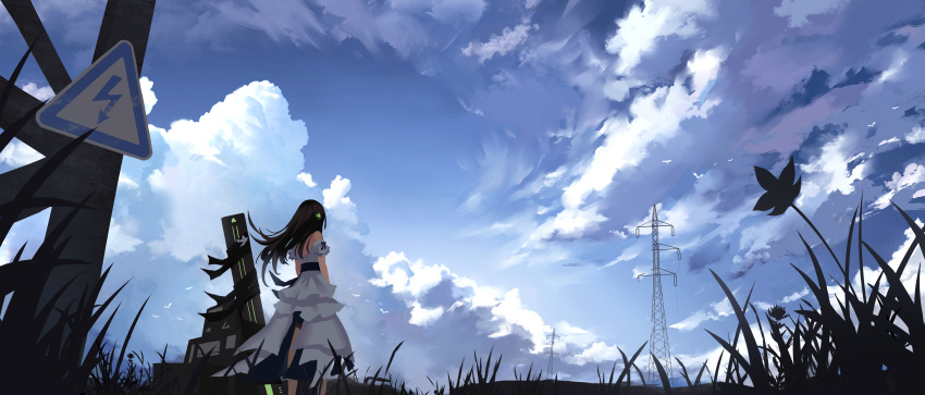 absurdres, bare_arms, bare_back, bare_shoulders, black_hair, blue_sky, box, clouds