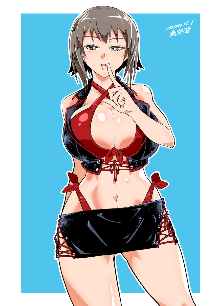 1girl, absurdres, arm_behind_back, artist_name, bangs, black_shirt, black_skirt, blue_background