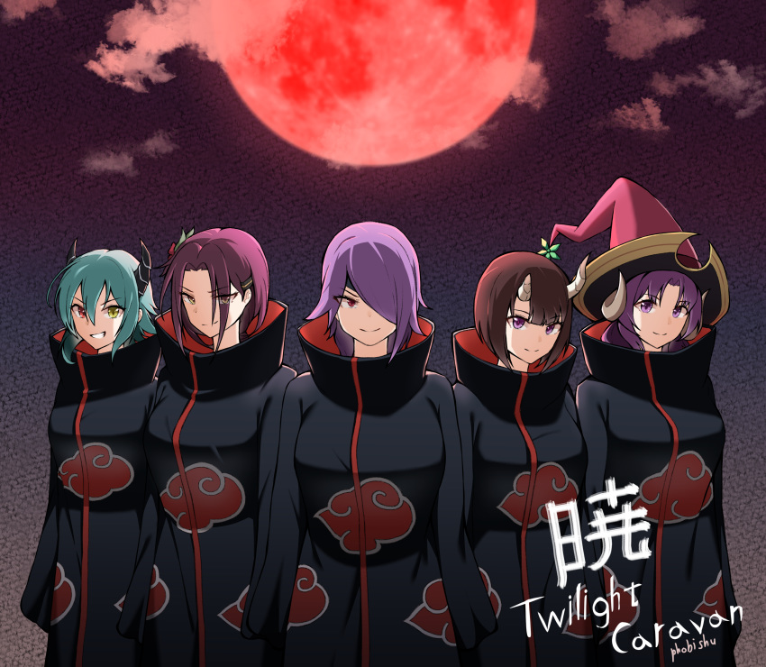 +_+, 5girls, absurdres, akatsuki_(naruto), akatsuki_uniform, anna_(princess_connect!), artist_name, black_hair, black_robe, broken_horn, demon_girl, demon_horns, eriko_(princess_connect!), green_hair, hair_between_eyes, hair_over_one_eye, hat, highres, horns, mitsuki_(princess_connect!), moon, multiple_girls, nanaka_(princess_connect!), naruto, naruto_(series), parody, phobishu, princess_connect!, princess_connect!_re:dive, purple_hair, purple_headwear, red_eyes, red_moon, ruka_(princess_connect!), short_hair, smile, violet_eyes, witch_hat, yellow_eyes