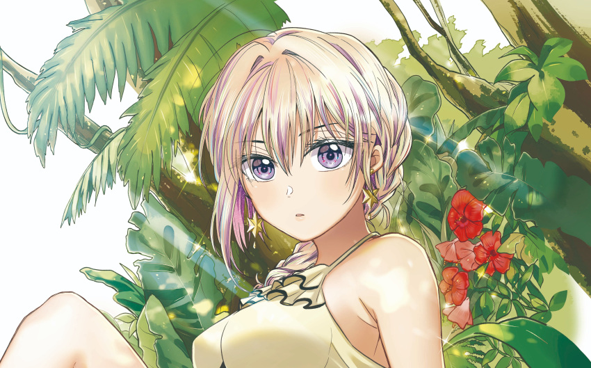 1girl, absurdres, bikini, blonde_hair, braid, breasts, bukiyou_na_senpai, earrings