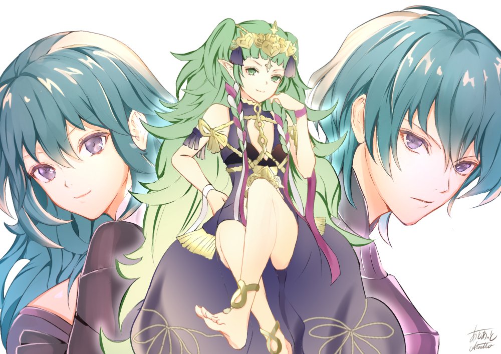 1boy, 2girls, atoatto, barefoot, blue_eyes, blue_hair, braid, byleth_(fire_emblem)