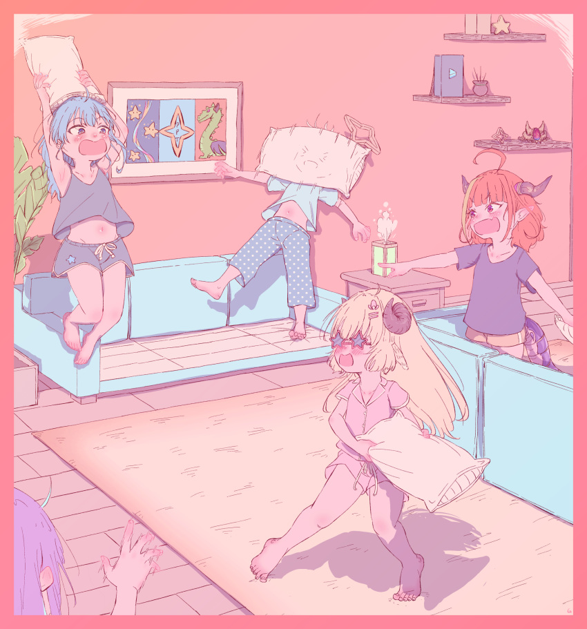 5girls, amane_kanata, animal_ears, barefoot, blonde_hair, blue_eyes, blue_hair, blush