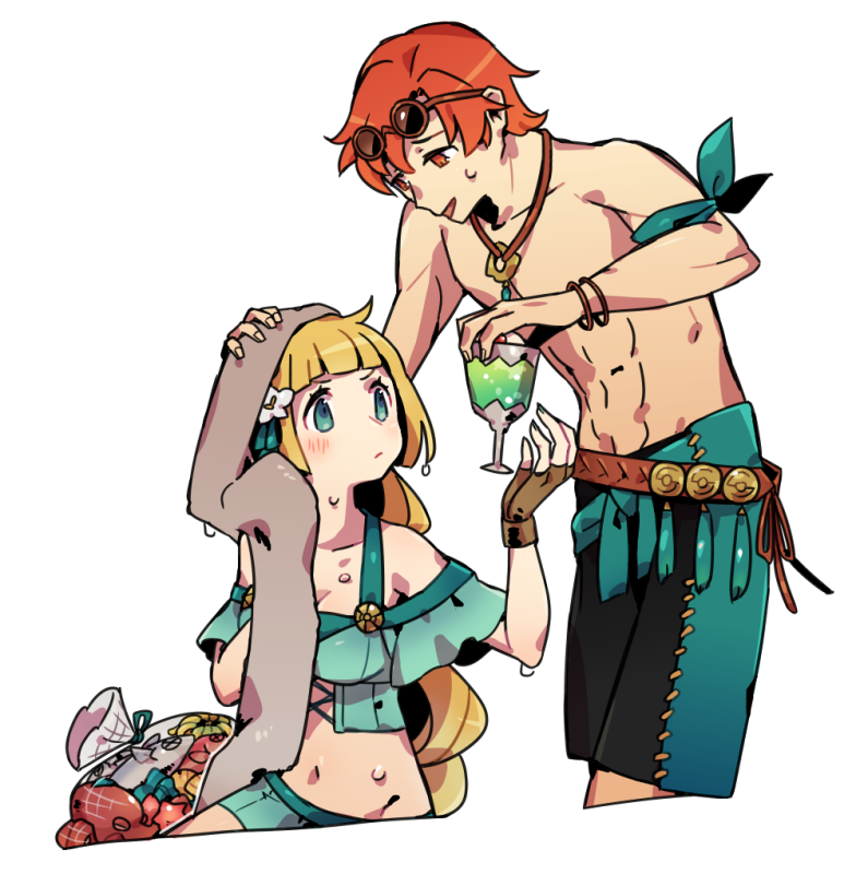 1boy, 1girl, blonde_hair, bracelet, brown_gloves, closed_mouth, couple, cup