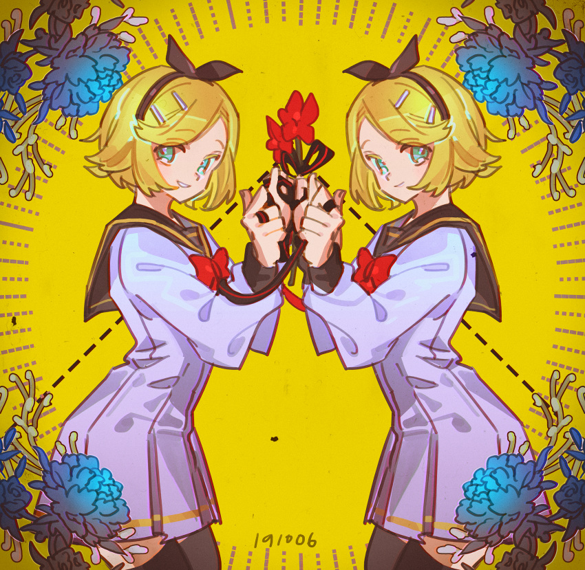 2girls, aqua_eyes, aqua_flower, arched_back, black_bow, blonde_hair, bow, dress
