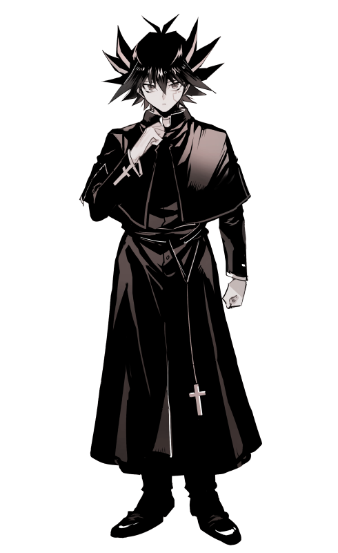 1boy, alternate_costume, black_capelet, black_dress, black_footwear, black_hair, capelet, cross