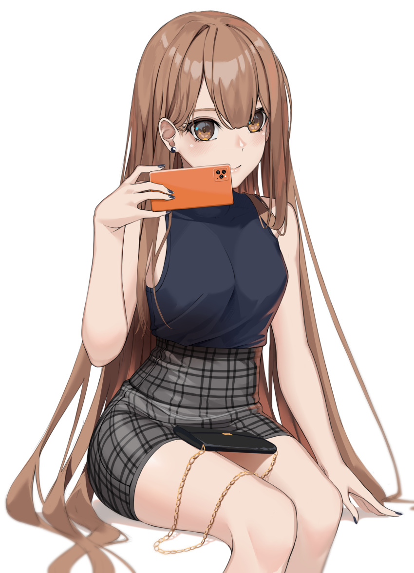 1girl, absurdres, arm_support, bag, bangs, bare_shoulders, black_nails, blush