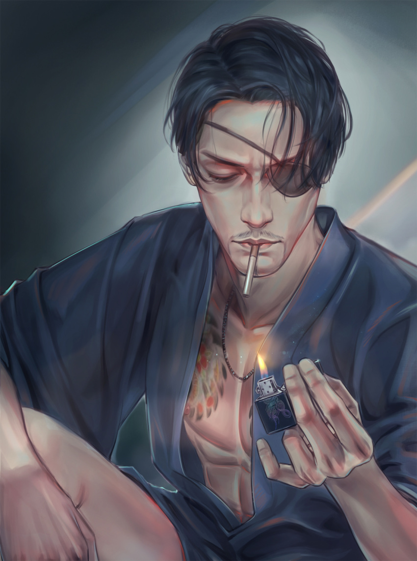 1boy, arm_on_knee, bare_chest, black_eyepatch, black_hair, blue_shirt, cheekbones, chest, chest_tattoo, cigarette, closed_eyes, closed_mouth, collarbone, collared_shirt, commentary, eyepatch, facial_hair, fire, flame, forehead, goatee, highres, holding, holding_cigarette, holding_lighter, jewelry, jujuju, lighter, majima_gorou, male_focus, messy_hair, mouth_hold, mustache, necklace, open_clothes, parted_hair, pectorals, ryuu_ga_gotoku, shirt, sitting, smoking, solo, tattoo