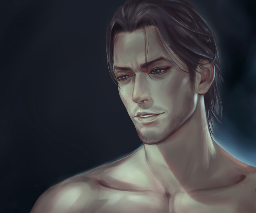 1boy, akiyama_shun, black_hair, chest, collarbone, commentary_request, dark_background, facial_hair, forehead, grey_eyes, highres, jujuju, looking_down, male_focus, parted_lips, ryuu_ga_gotoku, shirtless, short_hair, smile, solo, stubble