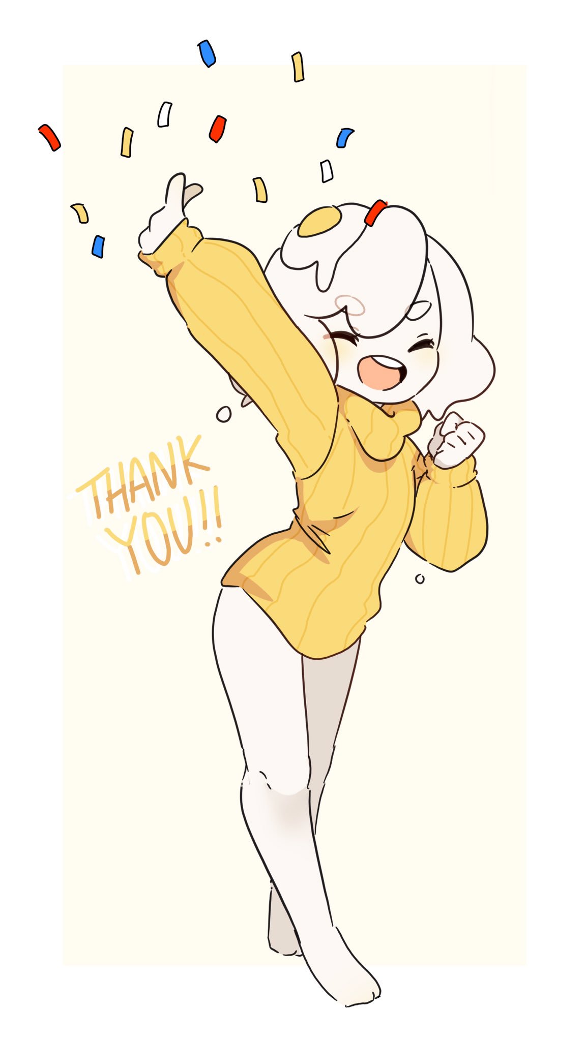 1girl, arm_up, bare_legs, barefoot, clenched_hand, closed_eyes, confetti, egg