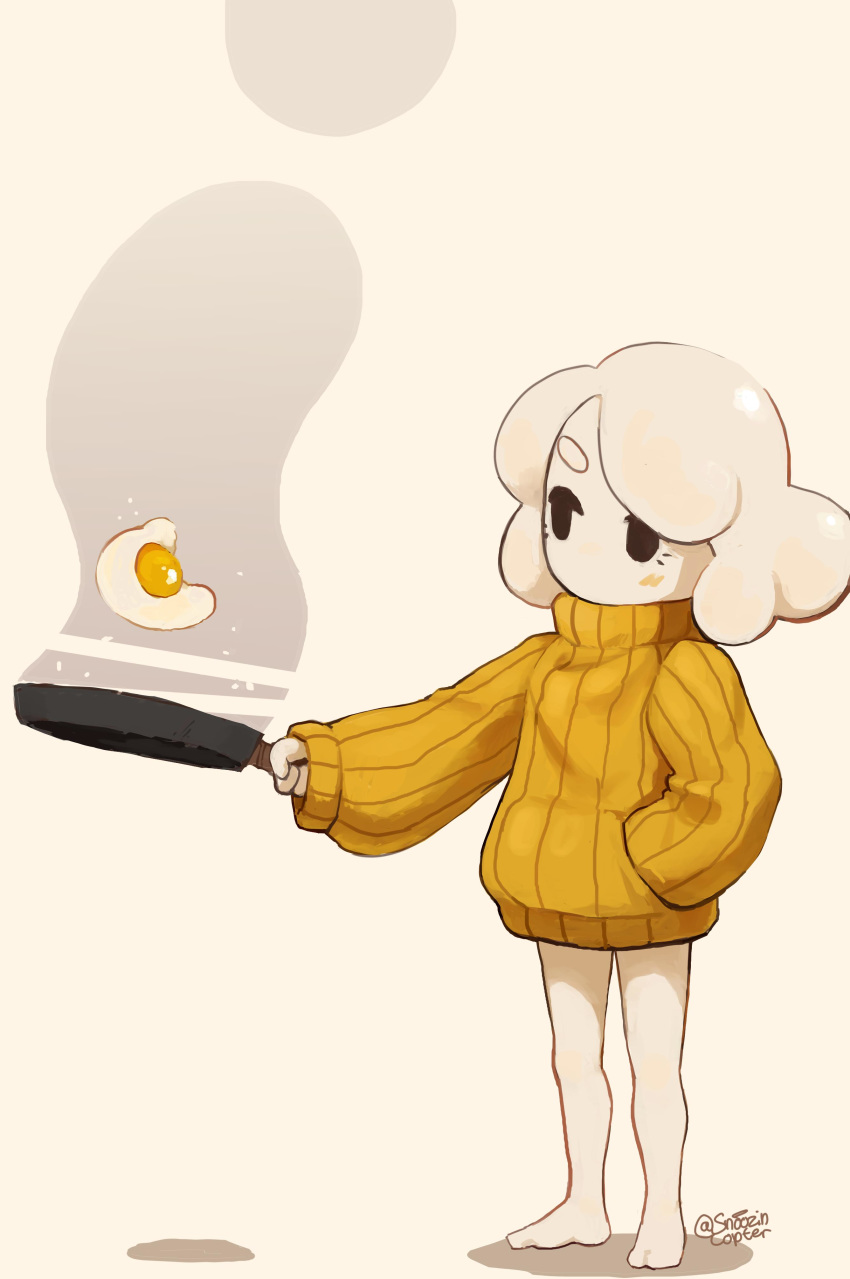 1girl, absurdres, bare_legs, barefoot, black_eyes, egg, egg_(lemyawn), frying_pan