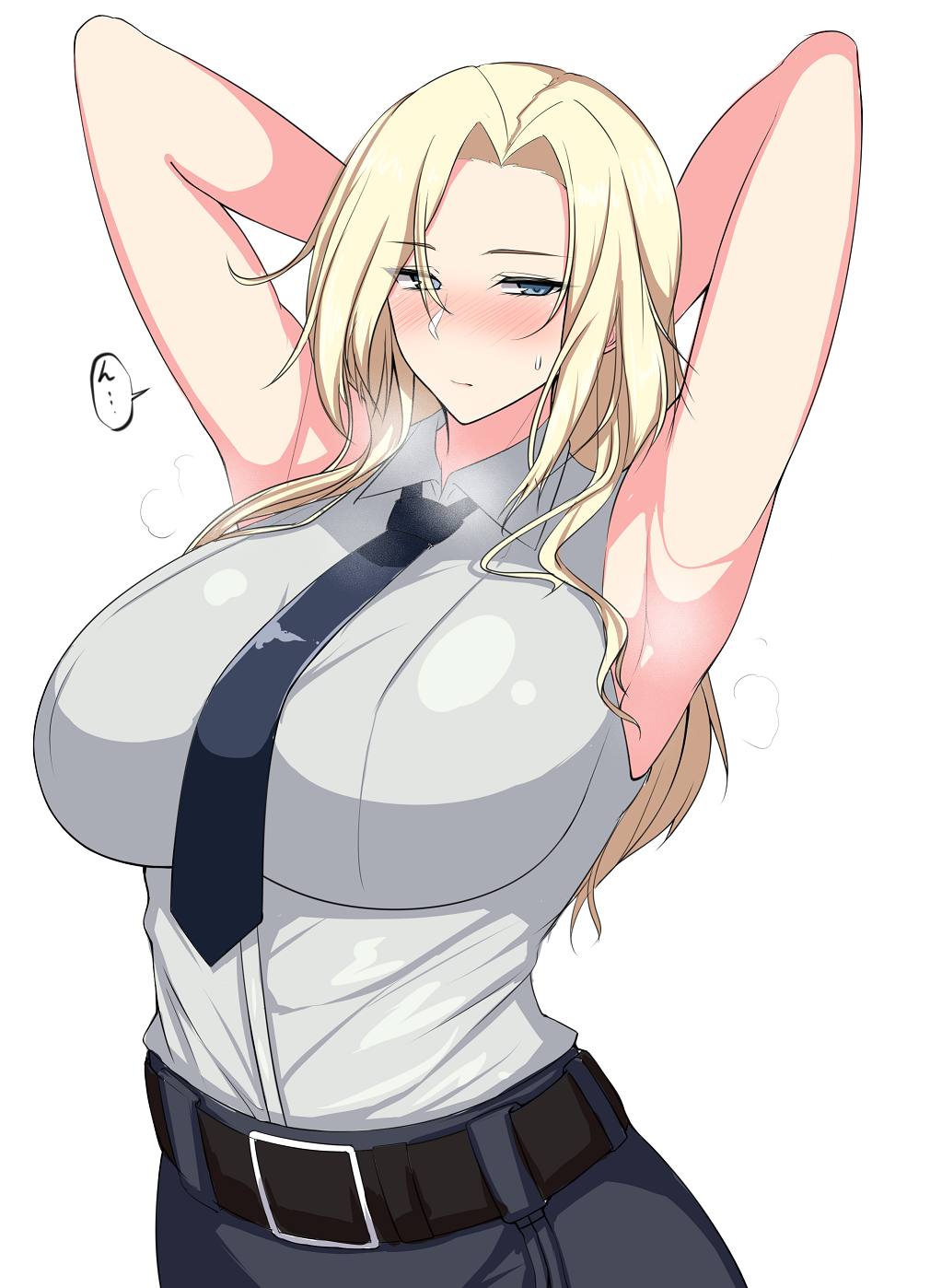 1girl, alternate_breast_size, armpits, arms_up, belt, black_neckwear, blonde_hair, blue_eyes