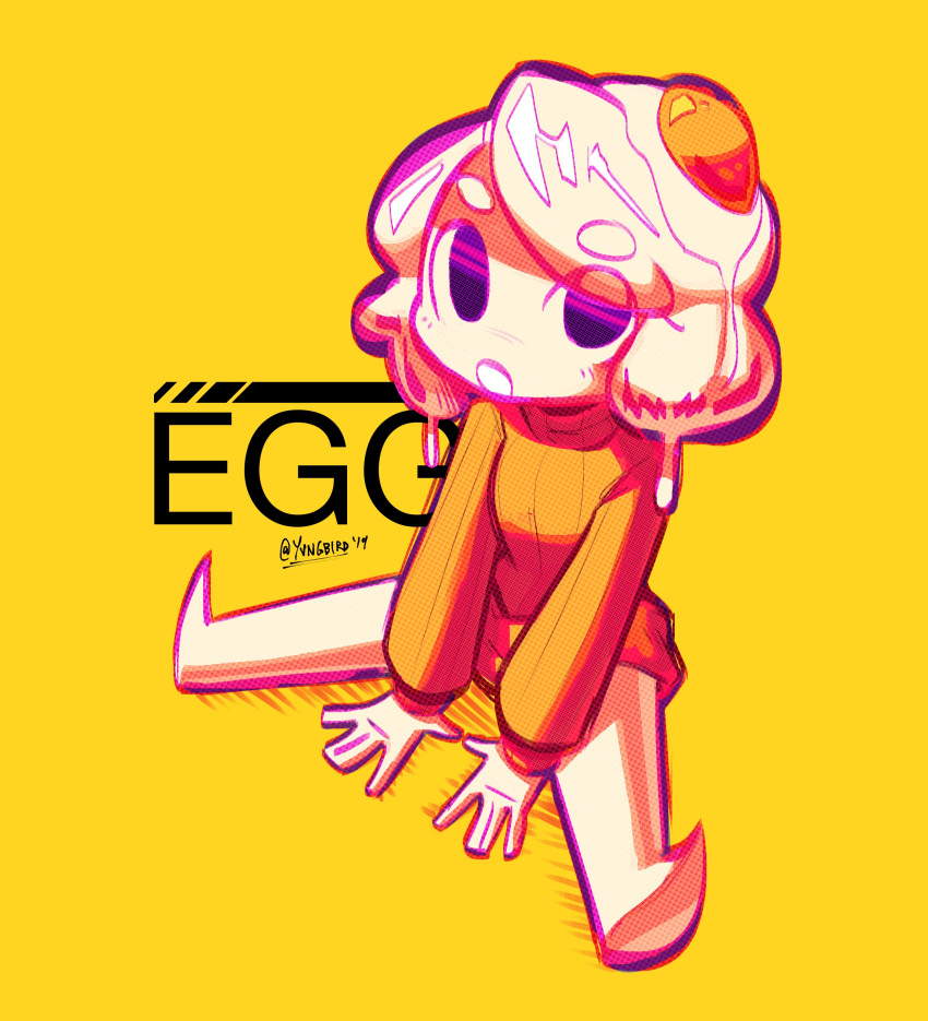 1girl, absurdres, bare_legs, barefoot, borrowed_character, character_name, dripping, egg, egg_(lemyawn), eyebrows_visible_through_hair, full_body, highres, long_sleeves, looking_at_viewer, medium_hair, open_mouth, orange_sweater, original, simple_background, sitting, solo, sunny_side_up_egg, sweater, twitter_username, white_hair, yellow_background, yungbird