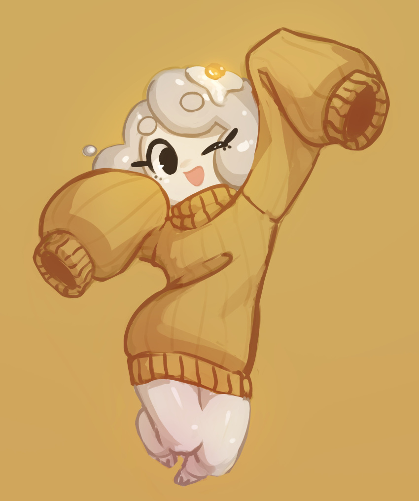 1girl, absurdres, bare_legs, barefoot, black_eyes, borrowed_character, dripping, egg, egg_(lemyawn), eyebrows_visible_through_hair, full_body, highres, irarugii, legs_up, medium_hair, one_eye_closed, open_mouth, orange_sweater, original, shiny, simple_background, sleeves_past_fingers, sleeves_past_wrists, smile, solo, sunny_side_up_egg, sweater, white_hair, yellow_background
